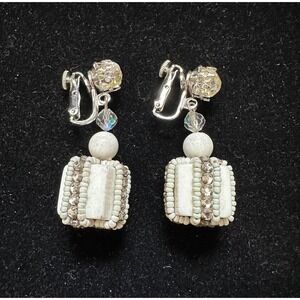 1950's Vendome Dangle Earrings White &‎ Crystal